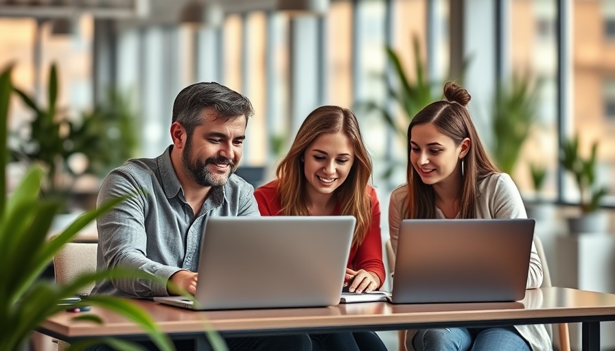 Office workers collaborate on laptops, showing toxic masculinity trends.
