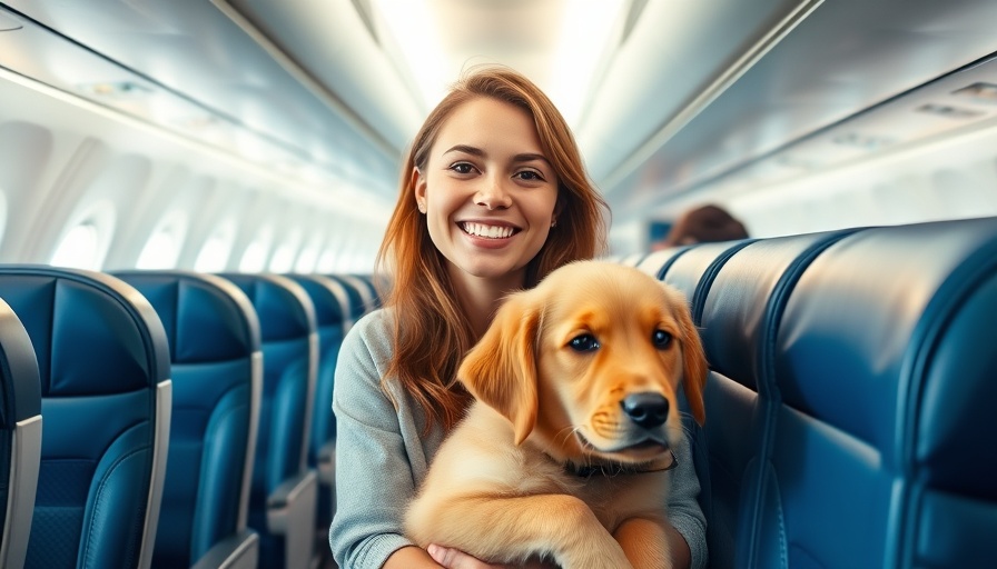 Young woman and puppy on airplane, promoting pet safety regulations in aviation.
