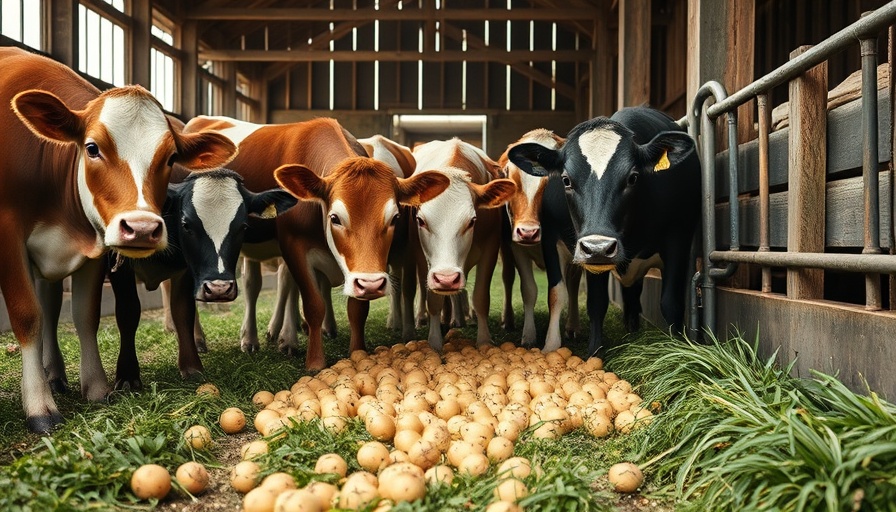 Cattle feeding on affordable potatoes for livestock in a barn.