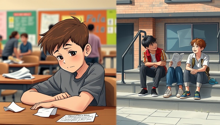 Boys facing bullying and friendship, contrasting classroom and outdoor scenes.