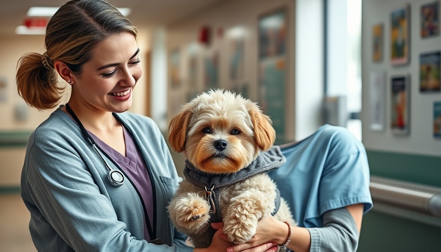 Two women smiling at a dog during pet therapy, hospital setting.