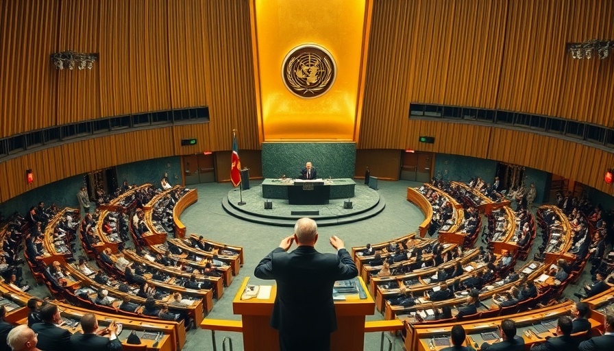 Politician addressing international summit at UN assembly hall.