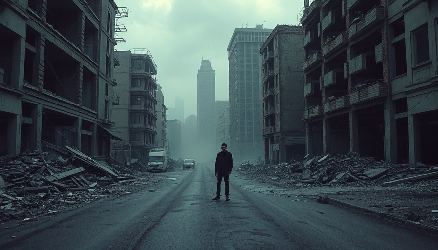 Lone figure in a desolate, ruined city; rise of dehumanization theme.