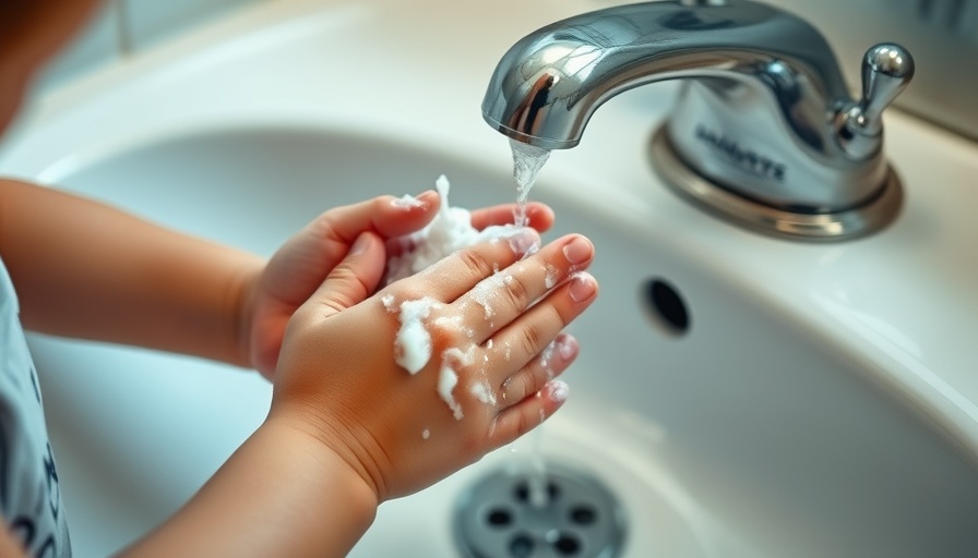 Child washing hands with soap under faucet.