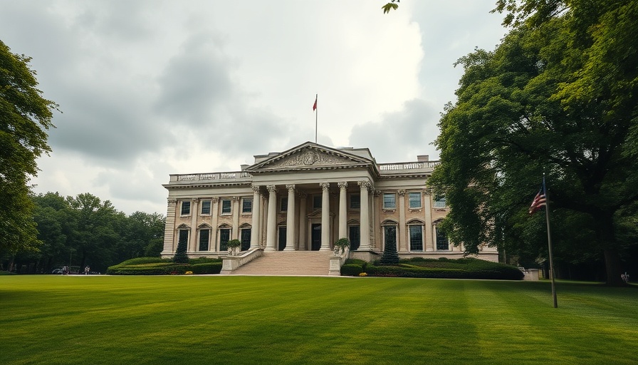 Majestic neoclassical building surrounded by lush greenery.