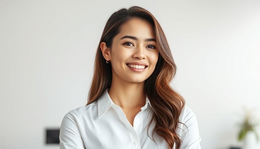 Confident woman in a white shirt, office setting, gentle smile.