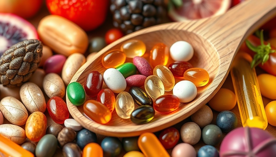 Colorful supplements on spoon with fruits, ideal for runners.