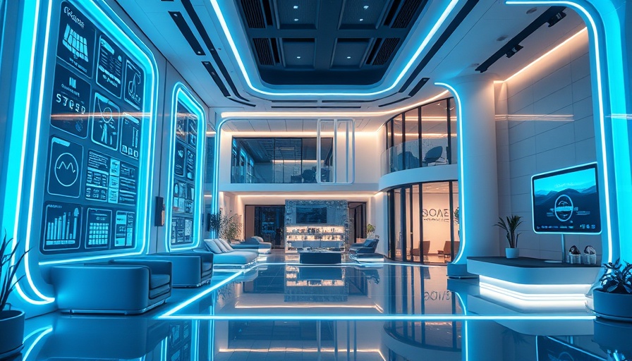 Futuristic smart home with digital interface glowing blue.