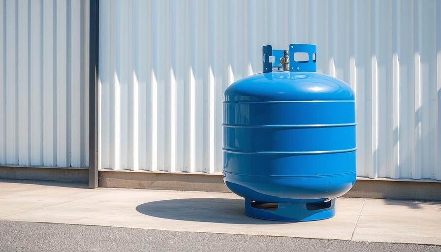 Large blue propane tank outside near building, Home Improvement.