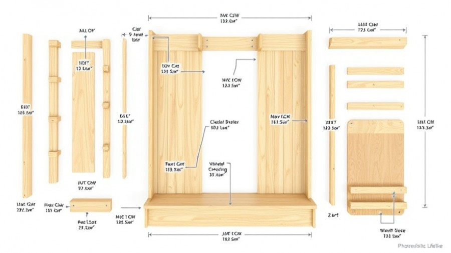 Wooden hall tree DIY project plan with measurements and labels.