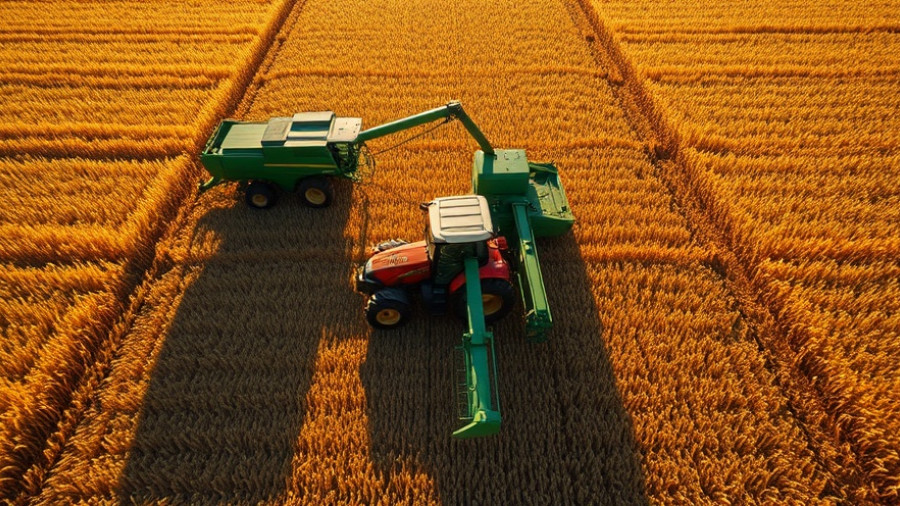Aerial view of tractor and harvester in golden field; farm equipment financing