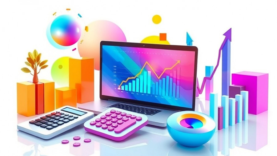Colorful financial infographic with laptop and graphs, essential financials for small business.