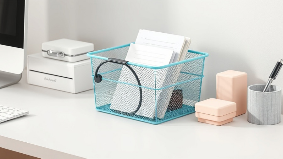 Minimalist office desk with home improvement products under $50, like a teal organizer basket.