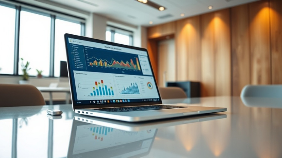 Laptop with analytics dashboard showing charts and graphs in office setting.