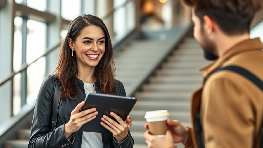 Smiling businesswoman with tablet engaging a customer, No Doc Small Business Loans.