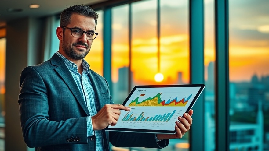 Confident entrepreneur consultant analyzing dynamic graphs in an upscale office at sunset.