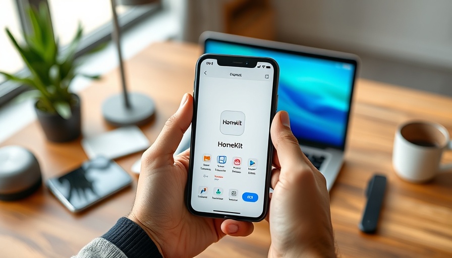 Hands holding a smartphone with HomeKit app in home automation setting.