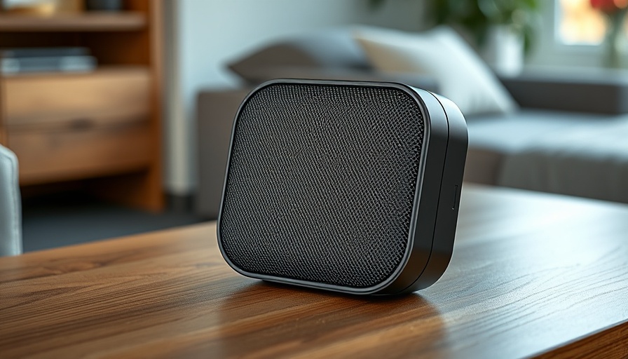 Compact smart speaker on table for home automation.