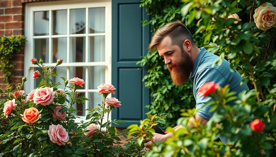 Bearded man trimming roses by a house window, focusing on repair.