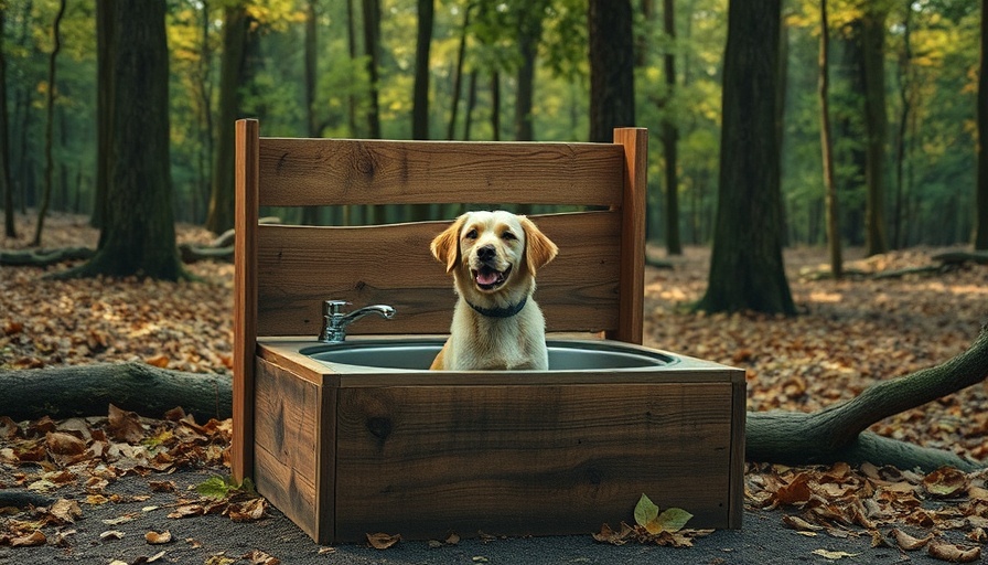 DIY dog wash station in wooded area with dog sitting inside.