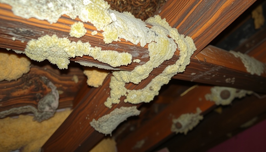 Moldy attic beams with insulation indicating damage and decay.