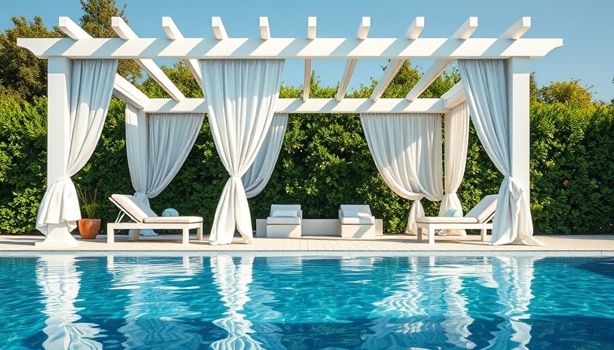 DIY backyard pool cabana pergola with white curtains.