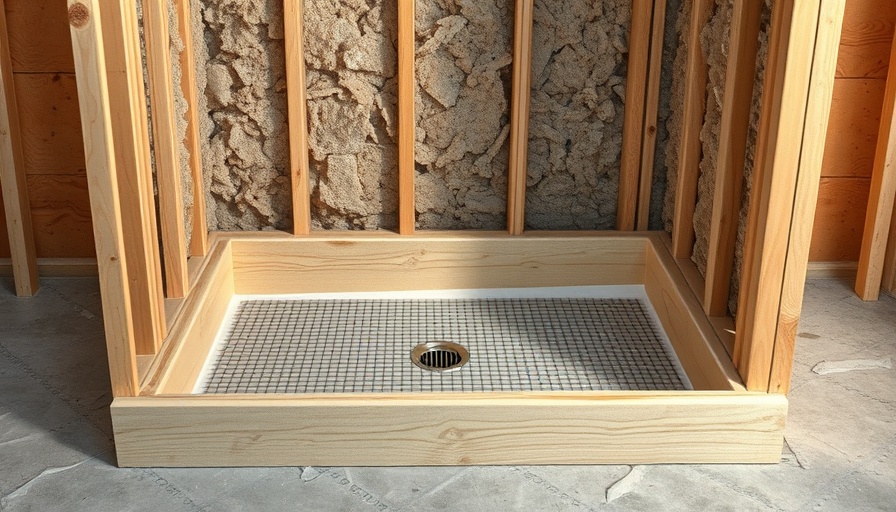 Unfinished shower pan construction with metal mesh and drain.