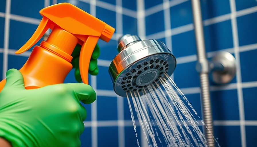 How to Clean Shower Head: Gloves spraying cleaner on showerhead.