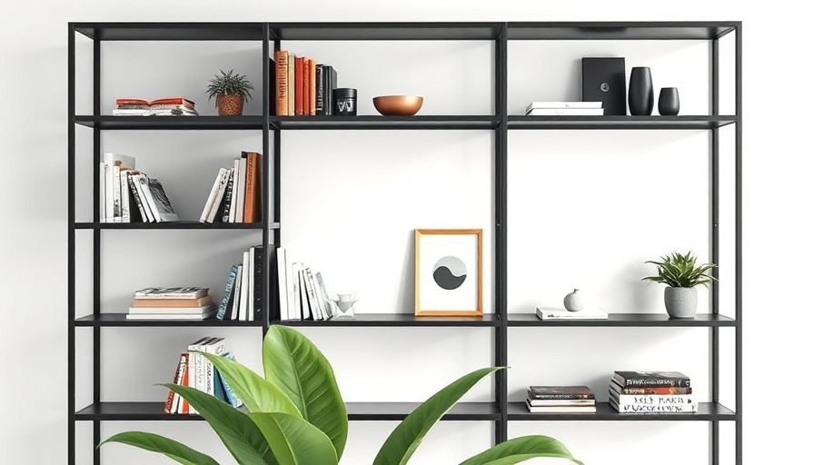 Black metal shelving displaying books and decor with green plant nearby.