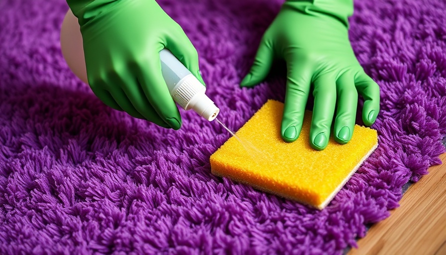 Person cleaning a polyester rug with spray and sponge.
