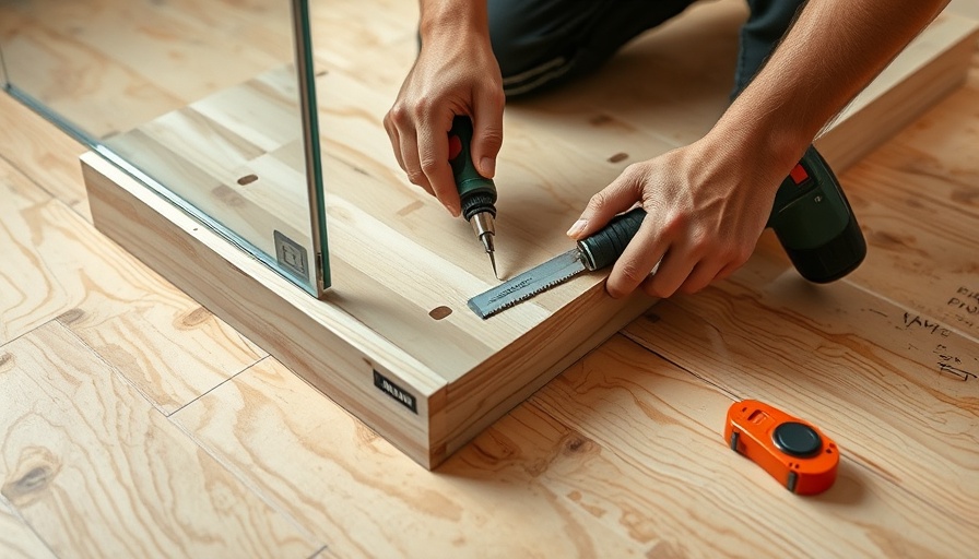 DIY shower curb construction process with tools on plywood floor.