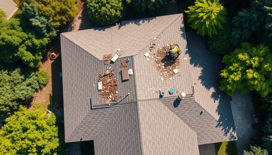 Aerial view of roof repair, highlighting homeowners hail damage insurance claims.