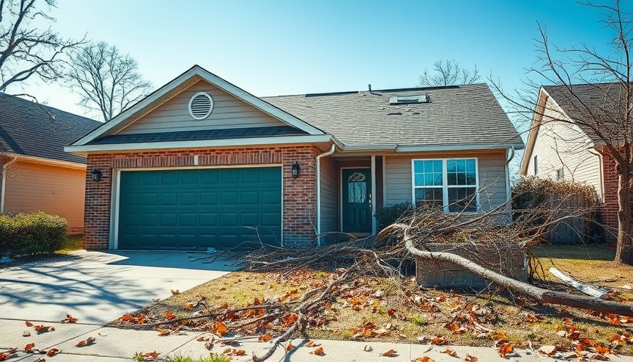 Storm-chased house roof damage with fallen trees.