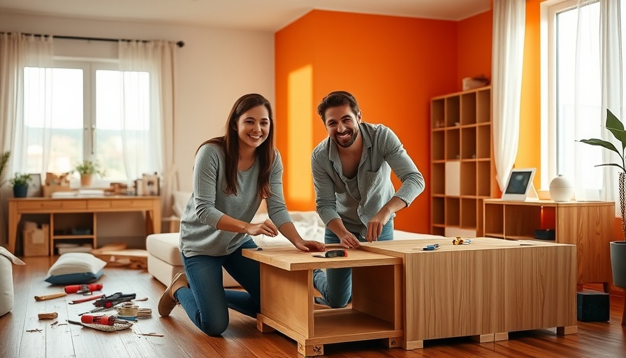 Happy couple working on home project, assembling furniture, fresh room.
