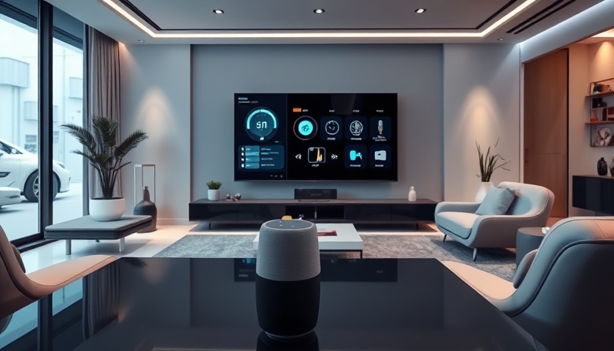 Modern smart home living room with sleek technology features.