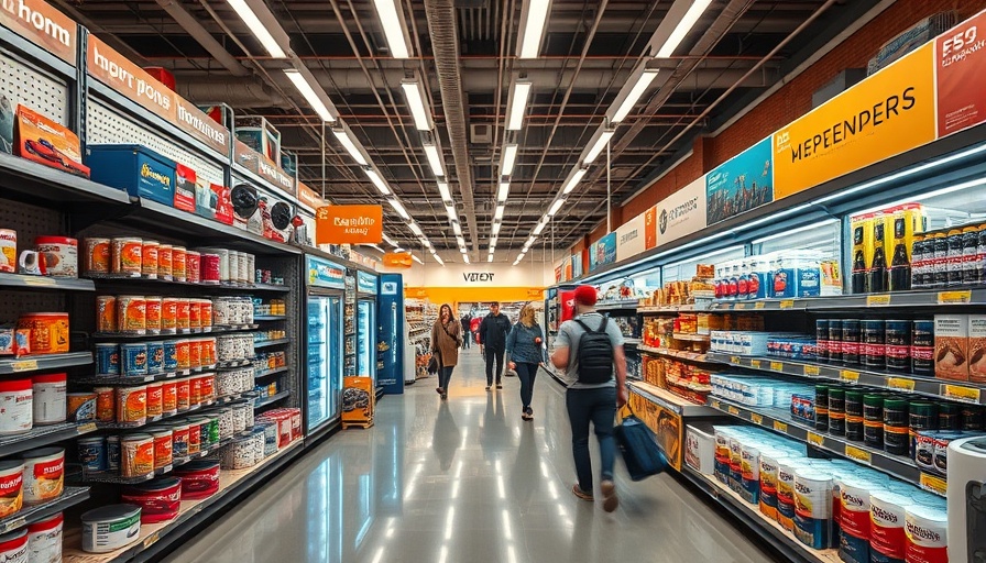 Interior of modern home improvement store 2025 with customers and tools.