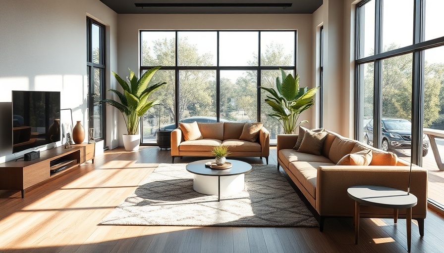 Modern living room with blue walls and natural light.