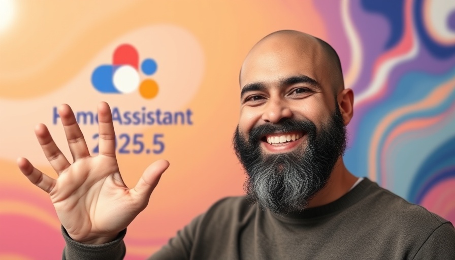 Smiling man waving with Home Assistant 2025.5 backdrop