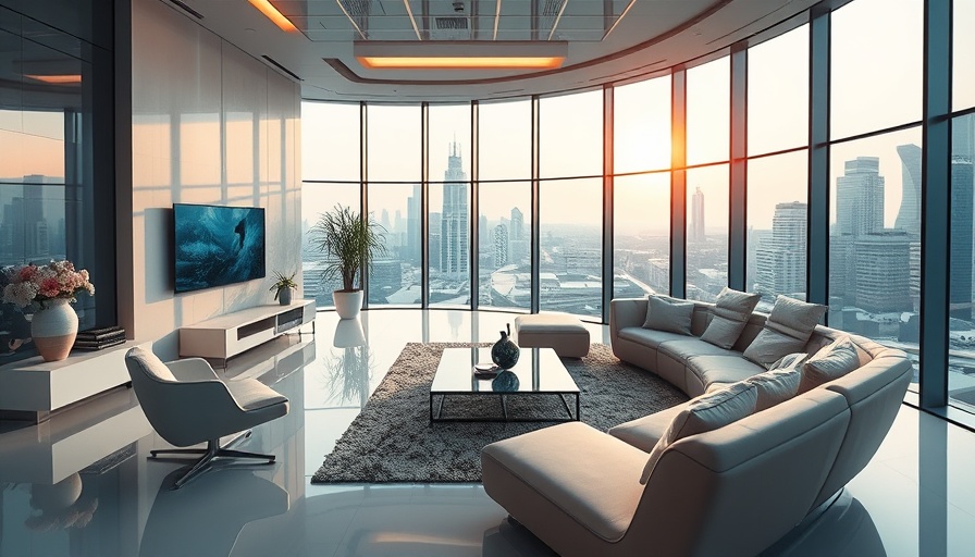 Futuristic living room showcasing smart home technology in 2025.
