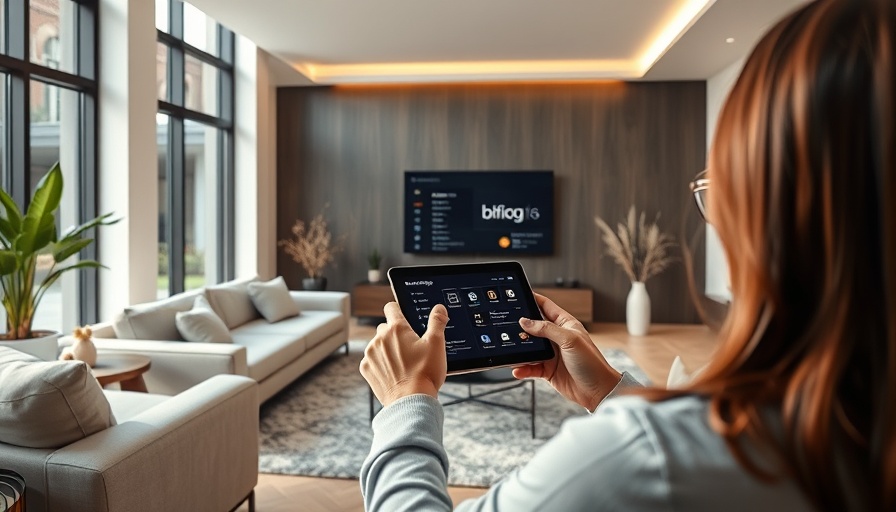 Person using smart tablet in modern living room for smart home routines.