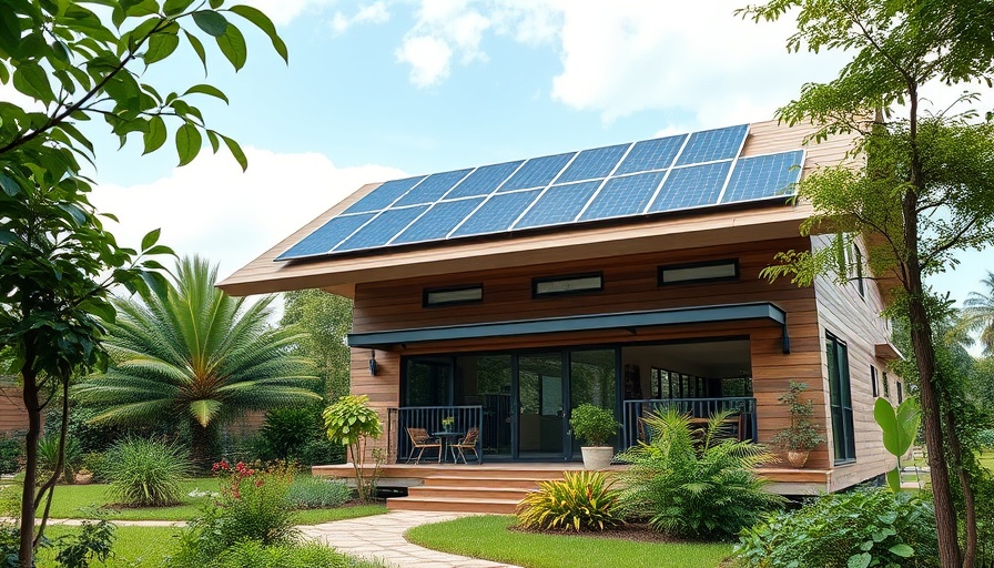 Modern sustainable home with solar panels in a green setting.