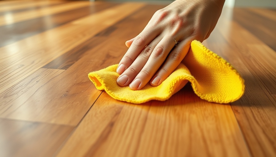 Cleaning haze from engineered hardwood floors with a yellow cloth.