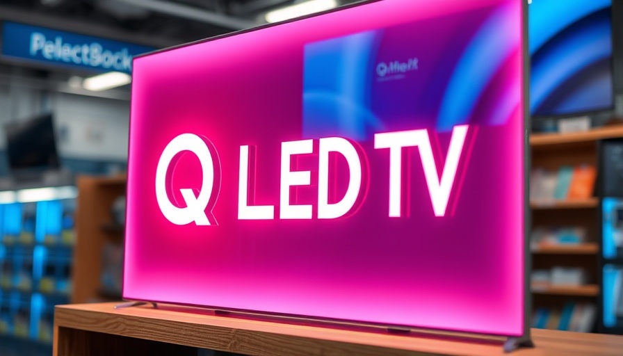 Bright QLED TV display sign in electronics store, highlighting lower-cost quantum dot layer.