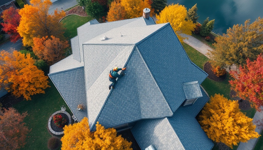 Aerial view of top roofing company repairing storm-damaged roof.