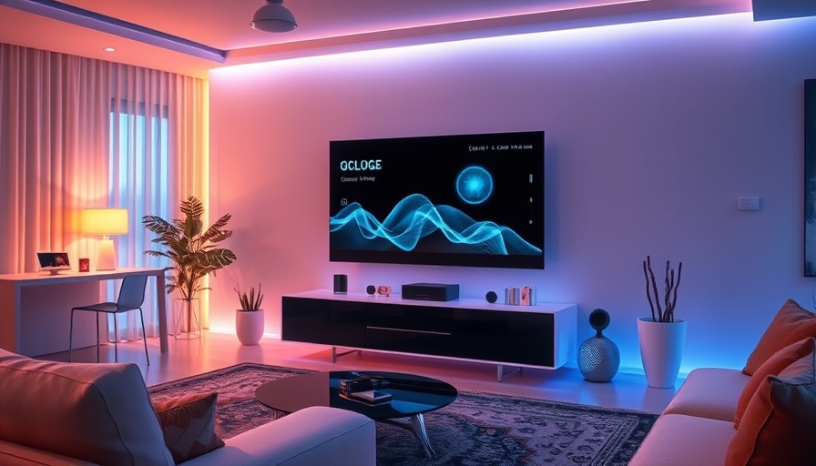 Futuristic living room with smart home devices, showcasing home automation ideas.