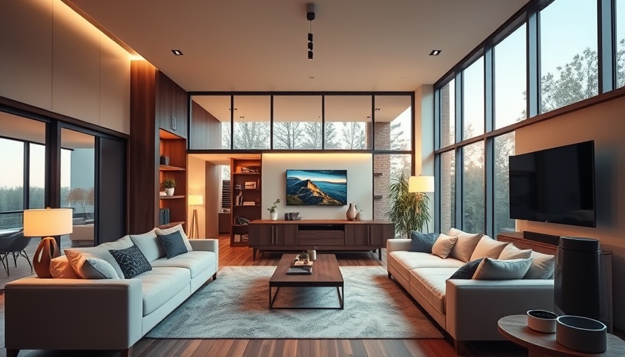 Modern living room with home automation ideas, smart technology.