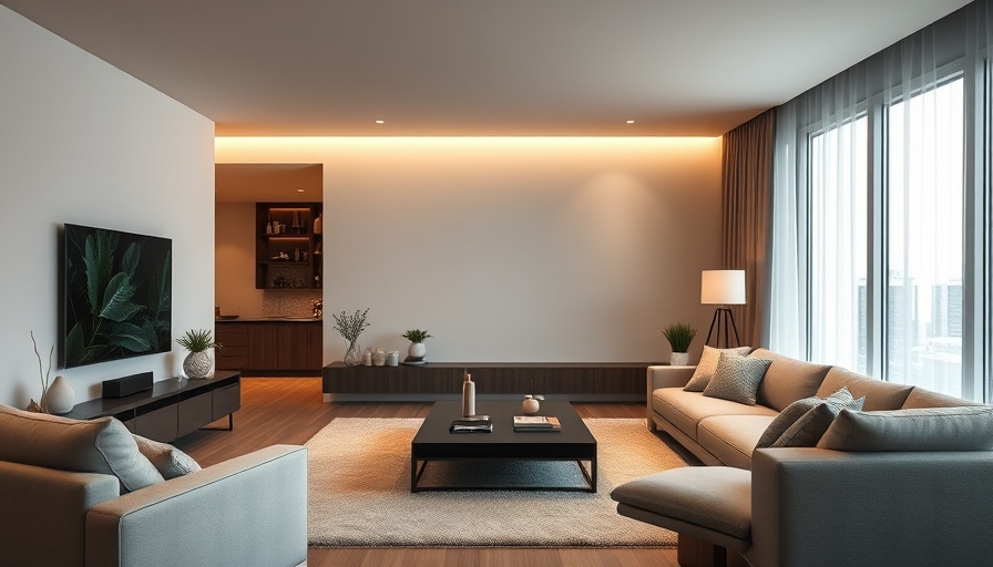 Modern living room with smart home technology features, 2019.