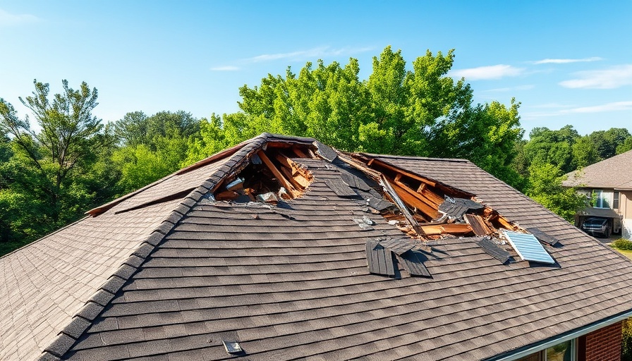 Severe roof storm damage on house in suburban area