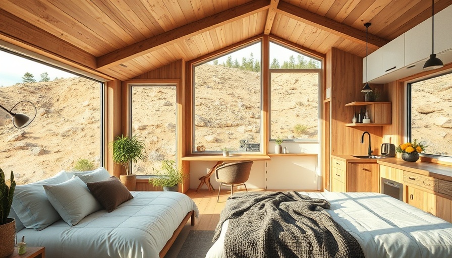 Modern prefab ADU interior with scenic hillside view through large windows.