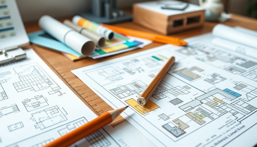 Home Renovation Planning: blueprints and color swatches for remodeling.